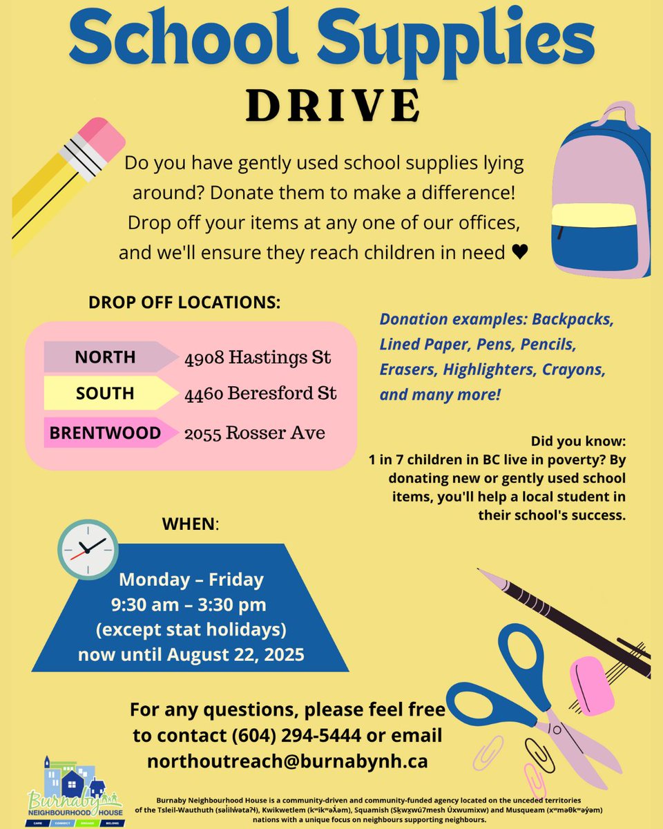 BNH North House (@northbnh) on Twitter photo β¨The back-to-school season is almost here, and weβre collecting gently used or new school supplies to ensure every child has the tools they need for a successful school year. From notebooks to backpacks, every little bit helps! πβοΈ
π§Questions? northoutreach@burnabynh.ca. β¨The back-to-school season is almost here, and weβre collecting gently used or new school supplies to ensure every child has the tools they need for a successful school year. From notebooks to backpacks, every little bit helps! πβοΈ
π§Questions? northoutreach@burnabynh.ca.