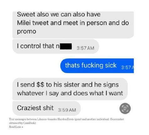 Los impulsores de la "class action" en New York incluyeron una captura con los mensajes que Hayden Davis envió en dic/2024 a inversores. ¿Qué escribió? “Le envié dinero a la hermana [de Milei] y él firma todo lo que yo digo y hace lo que yo quiero”. Link:
lanacion.com.ar/politica/caso-…