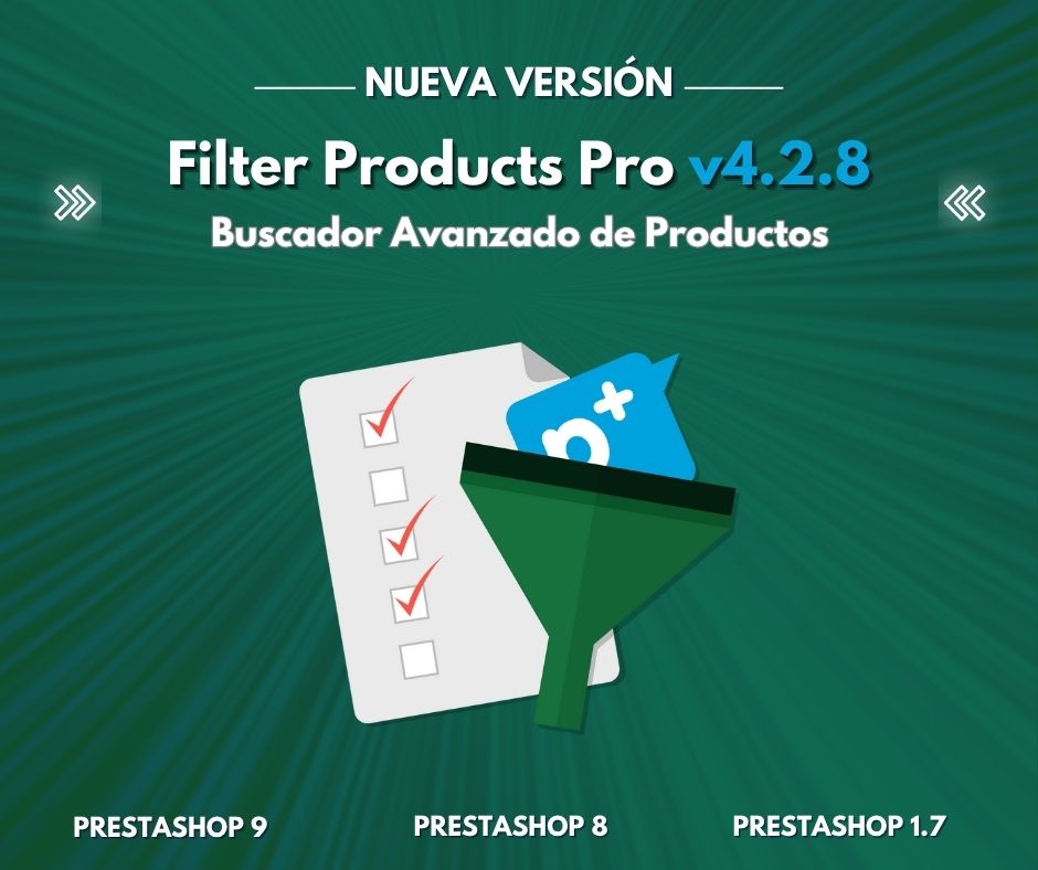 PresTeamShop's tweet image. 🚀 ¡Nuevo update de Filter Products Pro v4.2.8!
✔️ Mejor rendimiento
✔️ +Compatibilidad con PS 9
✔️ Búsqueda mejorada
🔍 ¡Más combinaciones en los resultados!
#PrestaShop #ecommerce #MódulosPS #DesarrolloWeb