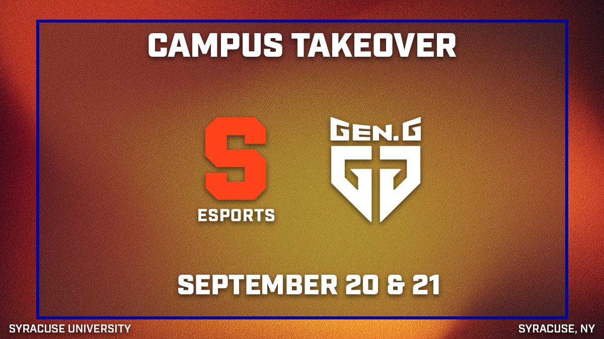 Syracuse Esports (@cuse_esports) on Twitter photo ๐SAVE THE DATE!๐ฏ
<a href="/GenG/">Gen.G Esports</a> Campus Takeover is coming to Syracuse University!
The two-day conference will be September 20-21 on campus and will feature keynote presentations from industry experts, two content tracks geared for students and professionals, an esports business case ๐SAVE THE DATE!๐ฏ
<a href="/GenG/">Gen.G Esports</a> Campus Takeover is coming to Syracuse University!
The two-day conference will be September 20-21 on campus and will feature keynote presentations from industry experts, two content tracks geared for students and professionals, an esports business case