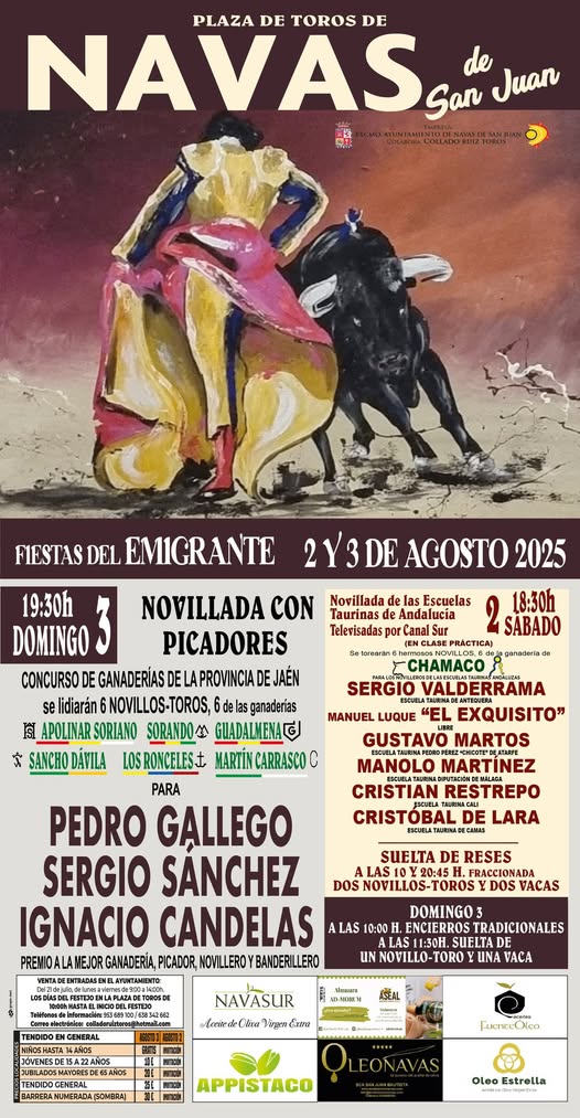 SegundoAviso (@segundoavisotv) on Twitter photo Vuelven los toros a Navas de San Juan en las Fiestas del Emigrante los próximos 2 y 3 agosto, organizado por <a href="/ColladoRuizToro/">Collado Ruiz Toros</a>, con novillada concurso de ganaderías y de la <a href="/AAETPedroRomero/">AAET Pedro Romero</a>.
#ApolinarSoriano
<a href="/pacosorando/">Sorando Ganaderia</a>
<a href="/Guadalmenatoros/">Ganaderia Guadalmena Oficial</a>
#SanchoDavila
<a href="/losronceles/">Los Ronceles</a>
#MartinCarrasco Vuelven los toros a Navas de San Juan en las Fiestas del Emigrante los próximos 2 y 3 agosto, organizado por <a href="/ColladoRuizToro/">Collado Ruiz Toros</a>, con novillada concurso de ganaderías y de la <a href="/AAETPedroRomero/">AAET Pedro Romero</a>.
#ApolinarSoriano
<a href="/pacosorando/">Sorando Ganaderia</a>
<a href="/Guadalmenatoros/">Ganaderia Guadalmena Oficial</a>
#SanchoDavila
<a href="/losronceles/">Los Ronceles</a>
#MartinCarrasco