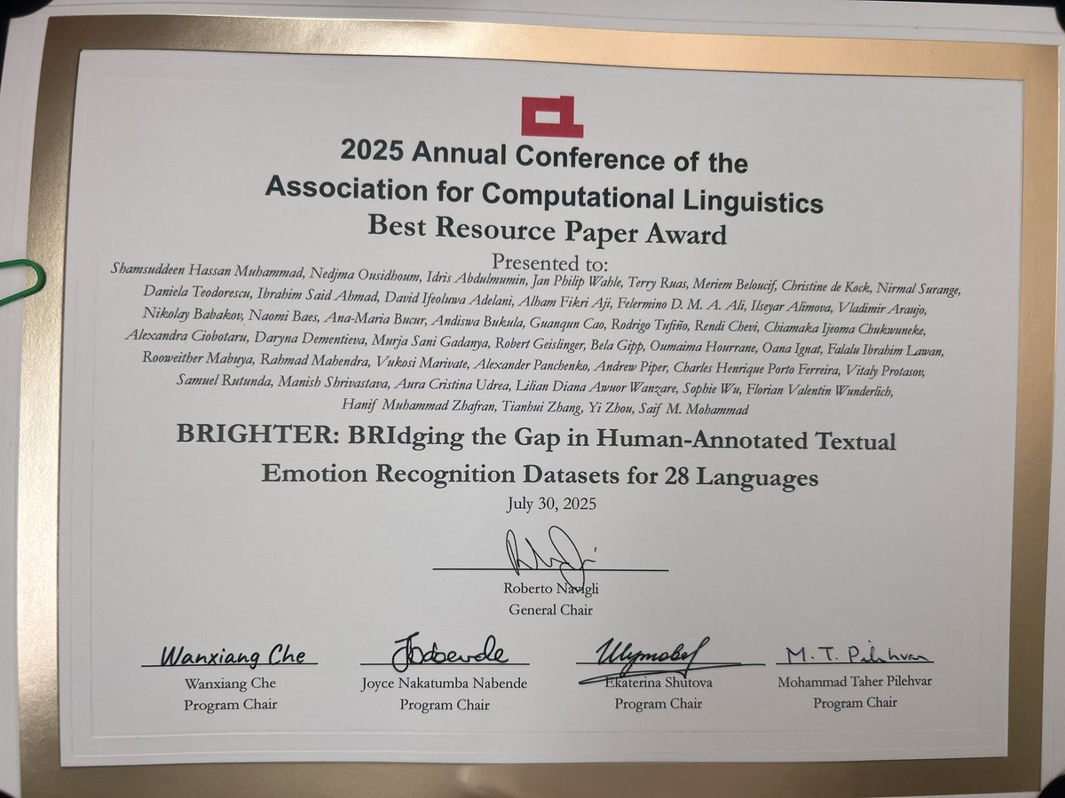 Our paper BRIGHTER received the Best Resource Paper Award! 

Congratulations to all collaborators! 

#ACL2025NLP <a href="/MasakhaneNLP/">Masakhane</a>