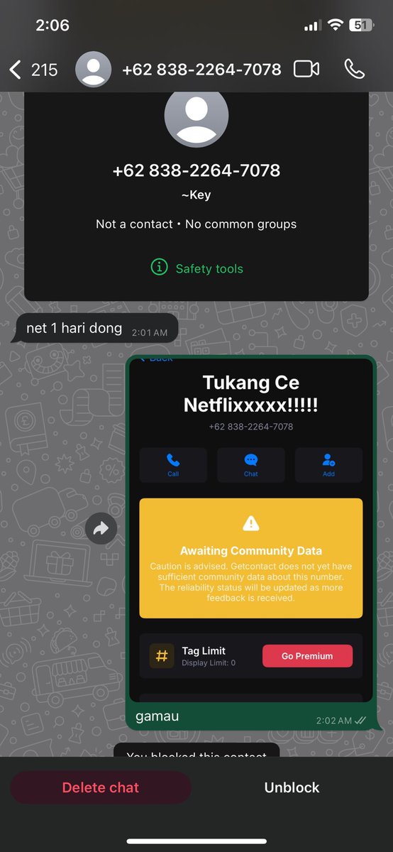 salah satu ciri tukang CE
1. isi chat nya langsung “net 1 day” , “netflix 1 hari” , “mau netflix” “1 day”  mereka semua sama pola nya. 
2. get contact kosong, kuning, merah. 
3. nama payment beda sama nama WA. cek aja di post awal, yang bayar netflix bukan mereka. 

#zonauang