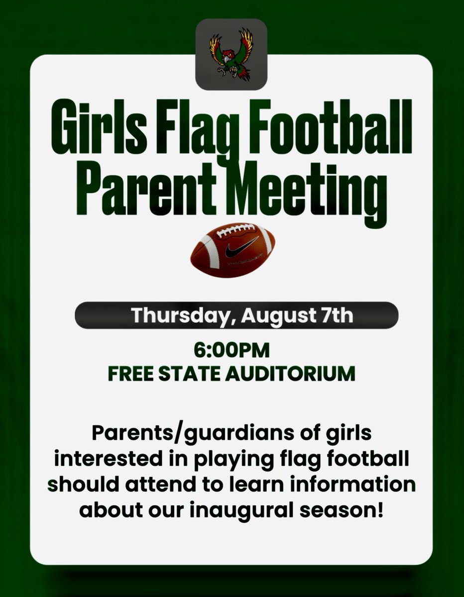 Free State Girls Flag Football (@fsgirlsflagfb) on Twitter photo Weโre so excited for our inaugural season! Any girls interested in playing this fall should attend the Fall Sports Information Night next week with a parent/guardian to learn more! <a href="/fshssports/">Firebird Athletics</a> Weโre so excited for our inaugural season! Any girls interested in playing this fall should attend the Fall Sports Information Night next week with a parent/guardian to learn more! <a href="/fshssports/">Firebird Athletics</a>