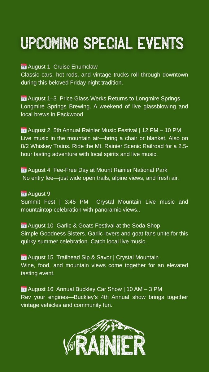 Headed to Rainier in August? Don’t miss the extras.
Live concerts.
Garlic and goat festival (yes, really).
Whiskey trains.
Wine with a view.
Time your trip around these can’t-miss events: visitrainier.com/EVENTS-CALENDAR #thingstodo #summerfun