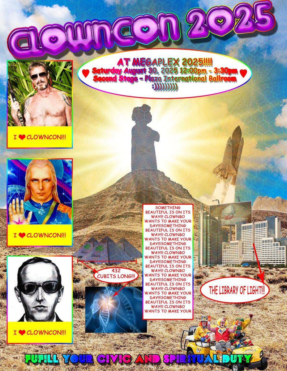 🤡🌈🕊️GOT YOU!!!🕊️🌈🤡
🤡🌈🕊️TRICKED YOU MAYBE :-)🕊️🌈🤡
BY THE COMBINED GRACES OF RA AND HELIOS OUR BRIGHTEST CLOWN CON IS NOW EVER BRIGHTER!!! ☀️🌄🌅🌇🏜️
CLOWN CON NOW STARTS AN HOUR EARLIER FROM 12PM NOON TO 3:30PM WOWWWE WOW!!!!!
SHINING BRIGHT IS A CLOWNS DELIGHT🤡🌈WELOVEYO
