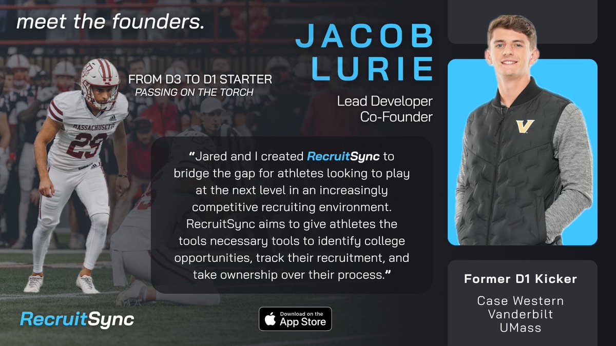 RecruitSync's tweet image. Meet Jacob Lurie! He cofounded RecruitSync and leads software development. Jacob started his collegiate career as a D3 kicker for Case Western, earning the starting spot, and then transferred to Vanderbilt, before closing out his journey at UMass. His experience with the…