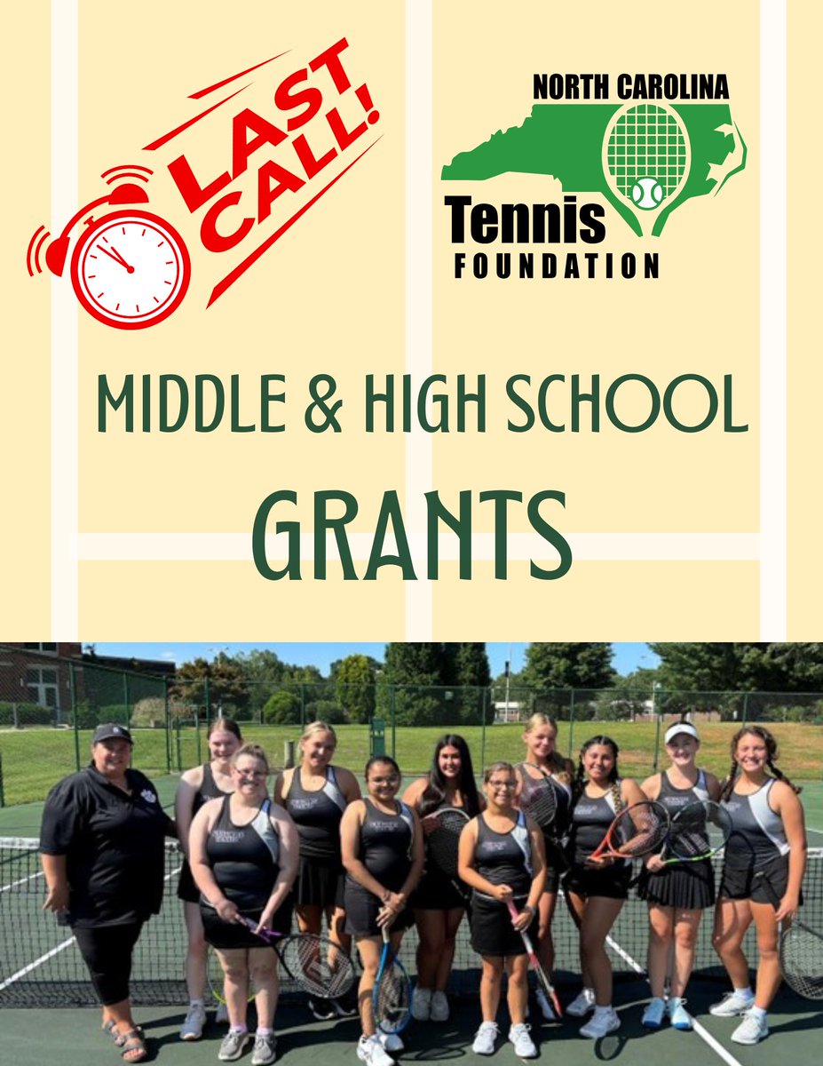 NC Tennis Foundation (@nctf61) on Twitter photo NC middle & high school team coaches, parents, and volunteers, LAST CALL to apply for <a href="/NCTF61/">NC Tennis Foundation</a> middle & high school team grants to cover team-related expenses! Deadline extended to Aug 7th!
High School Grant - nctennis.jotform.com/250626236806962
Middle School Grant - nctennis.jotform.com/250626143931958 NC middle & high school team coaches, parents, and volunteers, LAST CALL to apply for <a href="/NCTF61/">NC Tennis Foundation</a> middle & high school team grants to cover team-related expenses! Deadline extended to Aug 7th!
High School Grant - nctennis.jotform.com/250626236806962
Middle School Grant - nctennis.jotform.com/250626143931958
