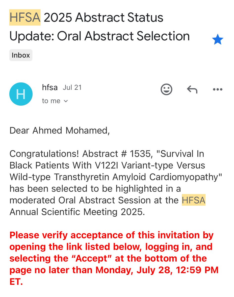 Thrilled to announce that our abstract has been selected for an oral presentation at <a href="/HFSA/">HFSA</a> 2025 in Minneapolis!

Our study highlights insights from the largest cohort of Black patients with cardiac amyloidosis <a href="/ClevelandClinic/">Cleveland Clinic</a> 

It’s an honor to have the chance to present our