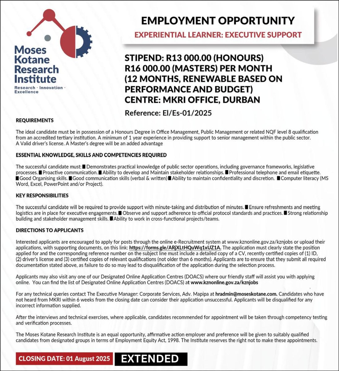 🚨 JOB OPPORTUNITY 🚨 MKRI is hiring an Experiential Learner: Executive Support! Honours/Masters in Business Mgmt + 1yr exp. Apply by 1 Aug 2025 👉 kznonline.gov.za/kznjobs