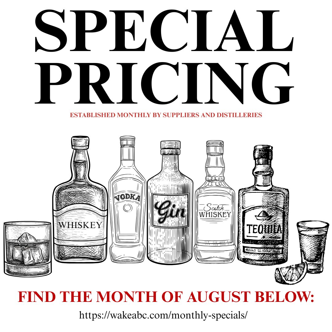 The monthly specials for August have been uploaded to the Wake County ABC website.  Please know that Wake County ABC is not involved in setting prices.  The amount you pay is set by the Distillery/Supplier and are consistent statewide.  What you pay in Wilkesboro, Wendell, or