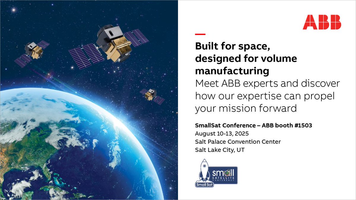 🛰️ Join ABB at the Small Satellite Conference (SmallSat)!
📍 August 10–13 | Salt Palace Convention Center, Salt Lake City, UT | Booth #1503
Let’s talk about your next space mission. Learn more  👉 bit.ly/4fbiwAJ