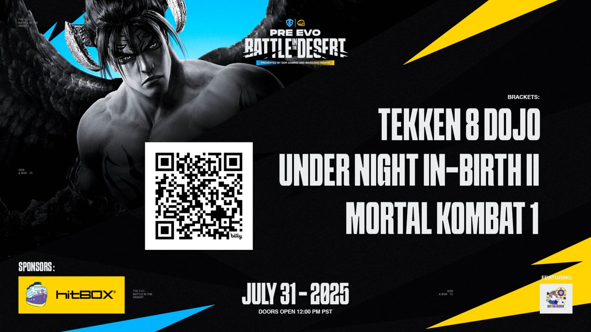 Hey YOU 🫵  Only 38 Competitor passes left for Tekken 8 at Battle in the Desert Pre EVO!  

Don't delay in getting your competitor passes or you may just regret it 😔 Spectator passes still available.

Registration Link ⬇️