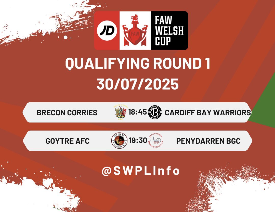 South Wales Premier League Info (@swplinfo) on Twitter photo Final 2 ties of the JD <a href="/FAWales/">FA WALES</a> Welsh Cup.
<a href="/WarriorsCardiff/">Cardiff Bay Warriors ⚔️</a> travel to face to <a href="/BreconCorriesFC/">Brecon Corries AFC</a>
<a href="/PenydarrenFC/">Penydarren BGC</a> play their postponed fixture from the weekend at <a href="/GoytreFC/">Goytre Football Club</a>
#SWPL Final 2 ties of the JD <a href="/FAWales/">FA WALES</a> Welsh Cup.
<a href="/WarriorsCardiff/">Cardiff Bay Warriors ⚔️</a> travel to face to <a href="/BreconCorriesFC/">Brecon Corries AFC</a>
<a href="/PenydarrenFC/">Penydarren BGC</a> play their postponed fixture from the weekend at <a href="/GoytreFC/">Goytre Football Club</a>
#SWPL