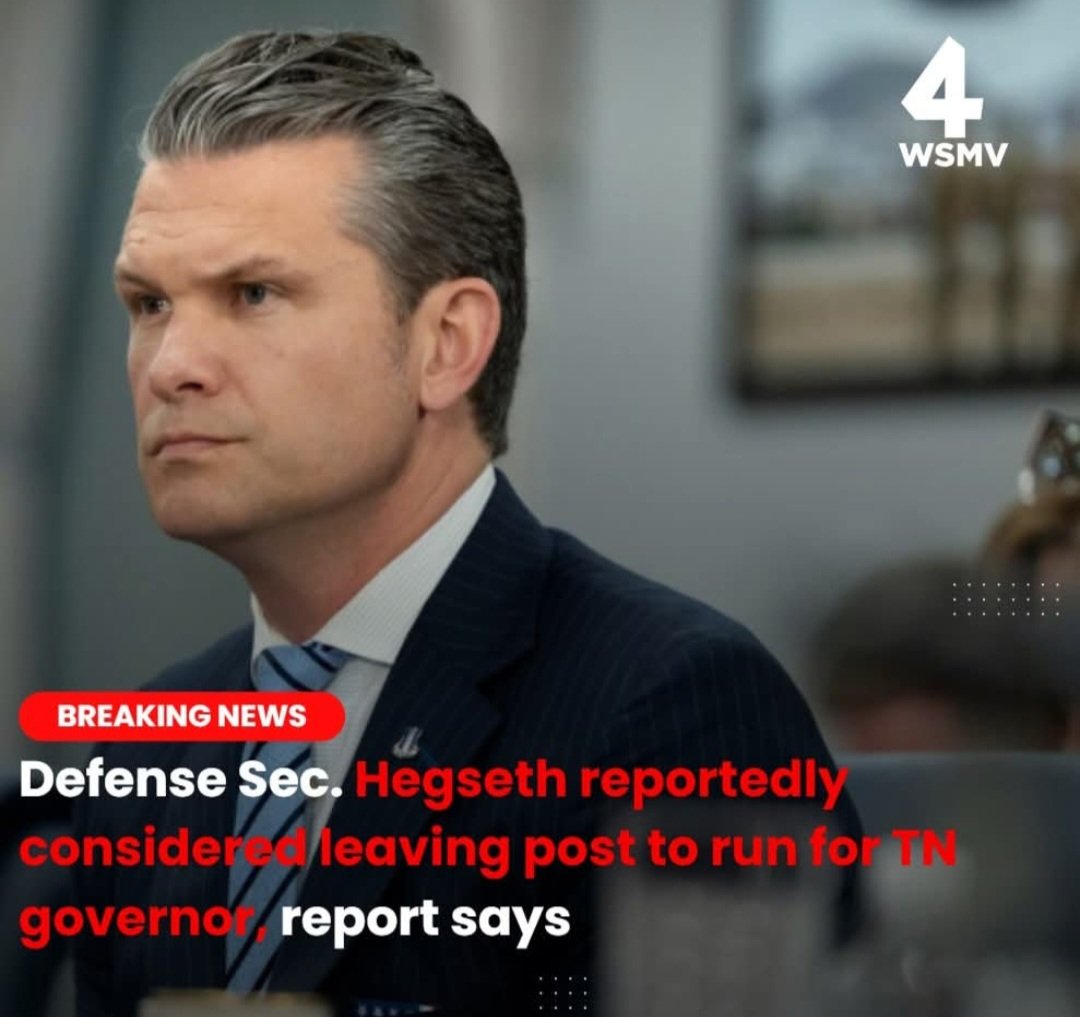 Booker (@realbookerscott) on Twitter photo What do you think about this?
Hegseth is having secret discussions about a potential run to be governor of Tennessee next year.
The report cites two anonymous sources close to him who claim the defense secretary inquired about the requirements needed to run. What do you think about this?
Hegseth is having secret discussions about a potential run to be governor of Tennessee next year.
The report cites two anonymous sources close to him who claim the defense secretary inquired about the requirements needed to run.