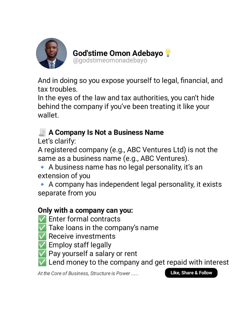 GodOmonkhegbele's tweet image. 𝐘𝐎𝐔 𝐀𝐑𝐄 𝐍𝐎𝐓 𝐘𝐎𝐔𝐑 𝐁𝐔𝐒𝐈𝐍𝐄𝐒𝐒!

At the Core of Business, Structure is Power!

#CompanyStructure #LegalPersonality #FinanceTips #TaxPlanning #SmartBusinessMoves