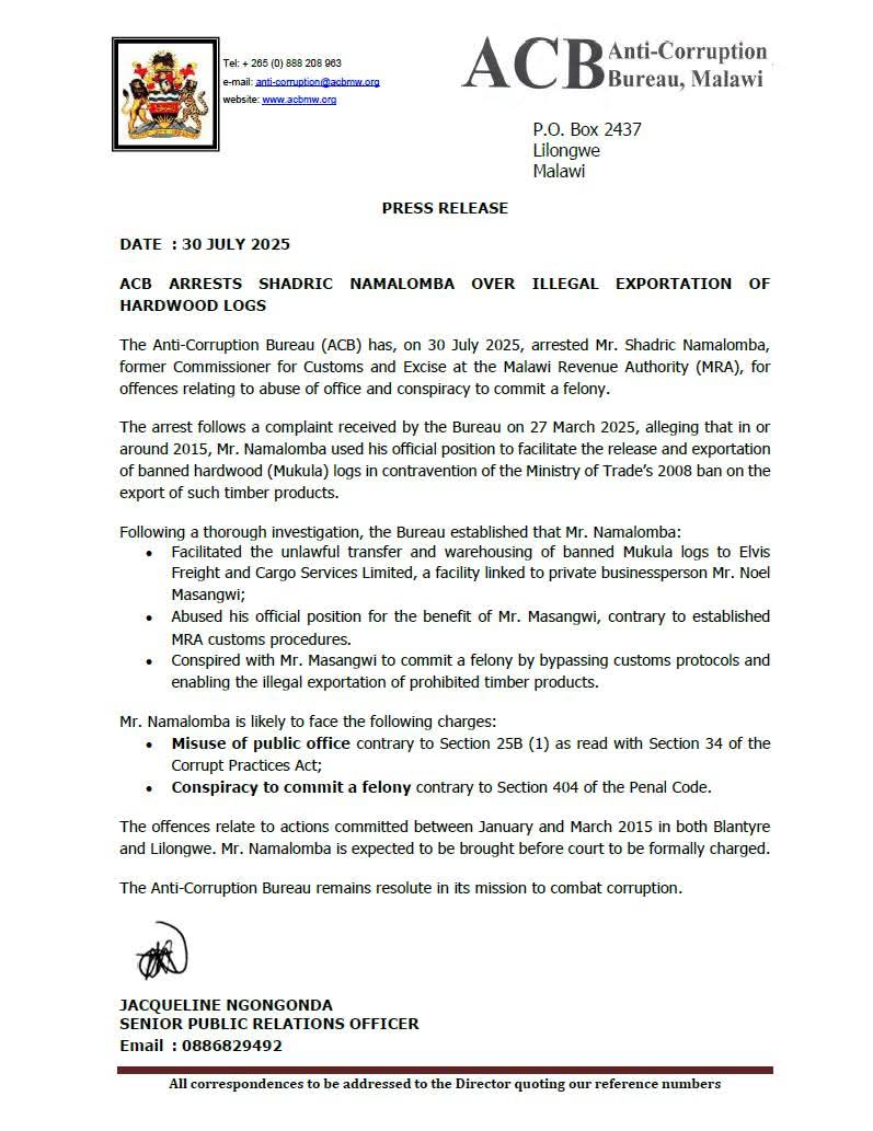 PRESS RELEASE - ACB ARRESTS SHADRIC NAMALOMBA OVER ILLEGAL EXPORTATION OF HARDWOOD LOGS