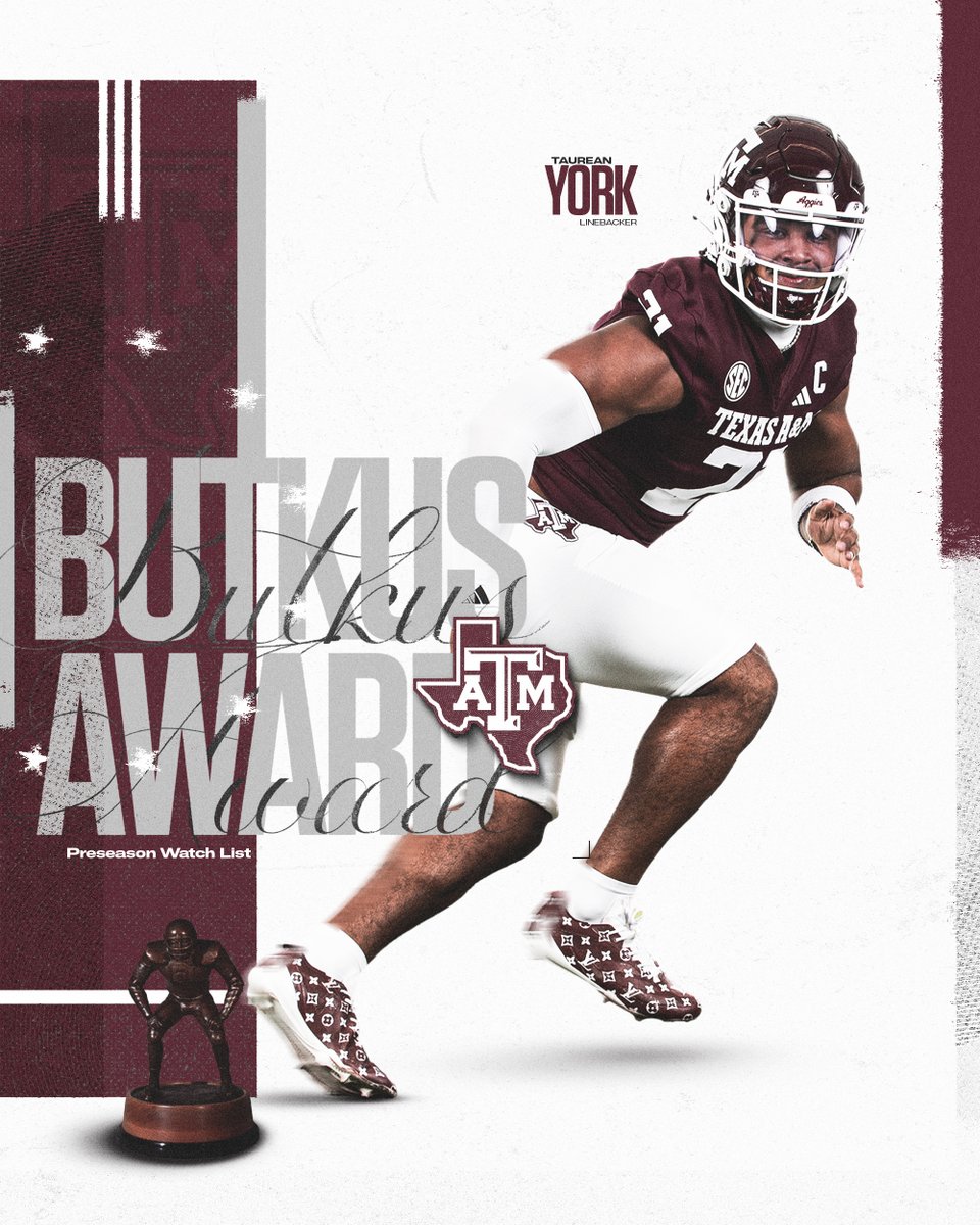 Texas A&M Football (@aggiefootball) on Twitter photo Butkus Award Watch List ➡️ Nation's Top Linebacker <a href="/TaureanYork5x/">Taurean A. York 🏴☠️</a>
🗞️ aggi.es/3HdiETD Butkus Award Watch List ➡️ Nation's Top Linebacker <a href="/TaureanYork5x/">Taurean A. York 🏴☠️</a>
🗞️ aggi.es/3HdiETD