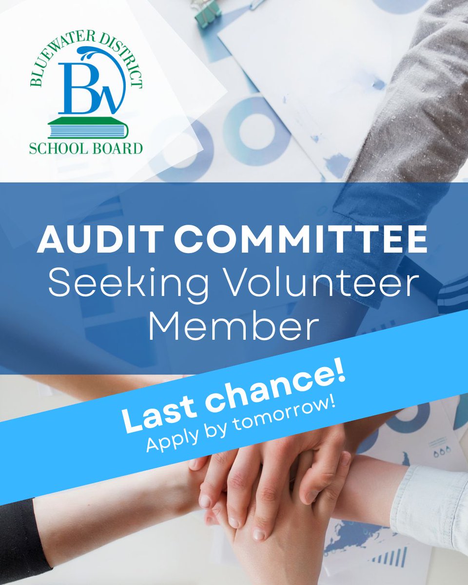 Audit Committee Seeking Member

Bluewater District School Board seeks one volunteer community member to serve a two-year term on the Audit Committee. 

Financial expertise and business acumen are required. 

Apply by July 31, 2025. 
Learn more here:  bwdsb.on.ca/departments/fi…