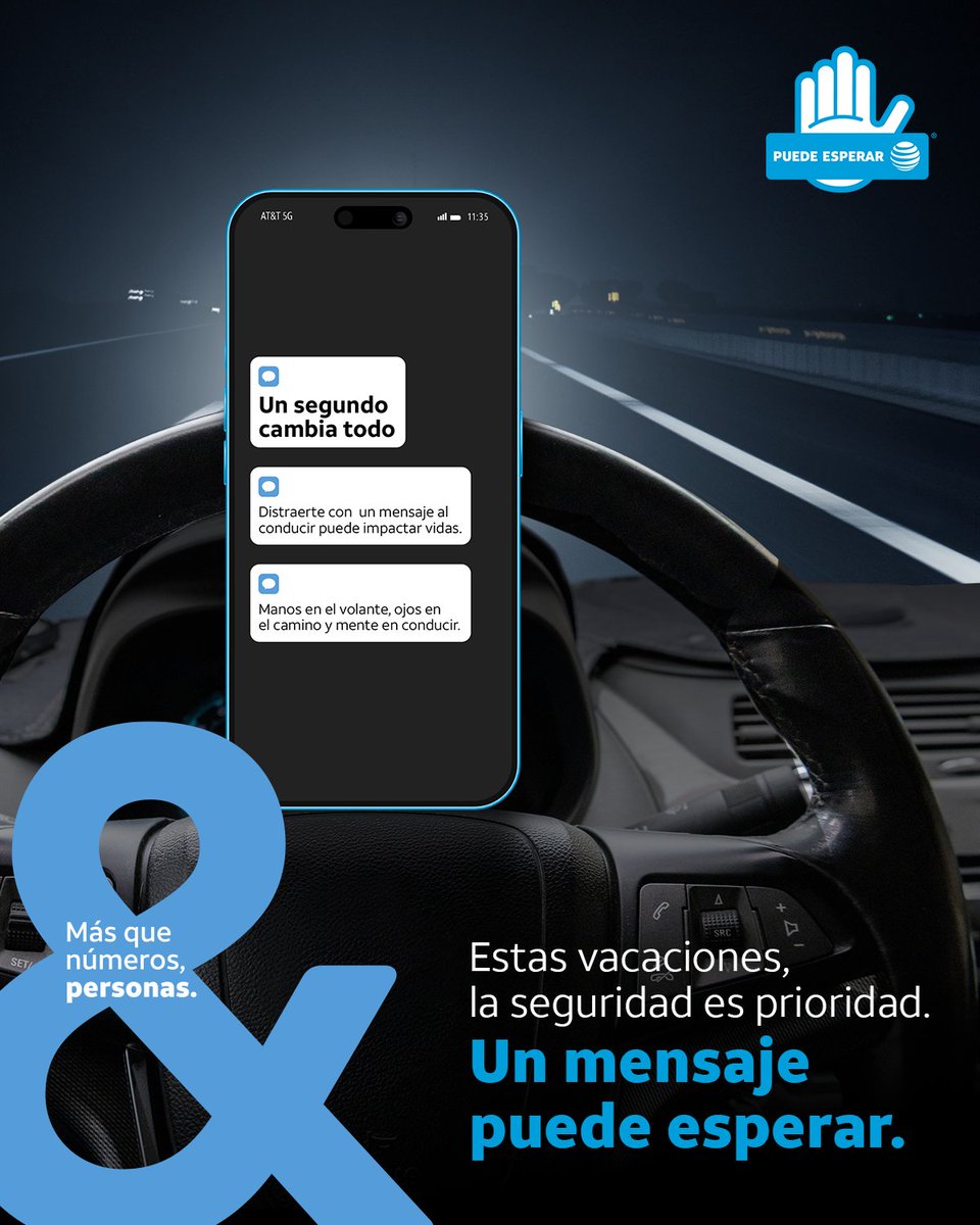 ATTMx's tweet image. Estas vacaciones, llega con bien a tu destino, conduce con precaución y mantén tu atención en lo realmente importante. Esa conversación en tu celular #PuedeEsperar. 
#MásQueNúmerosPersonas