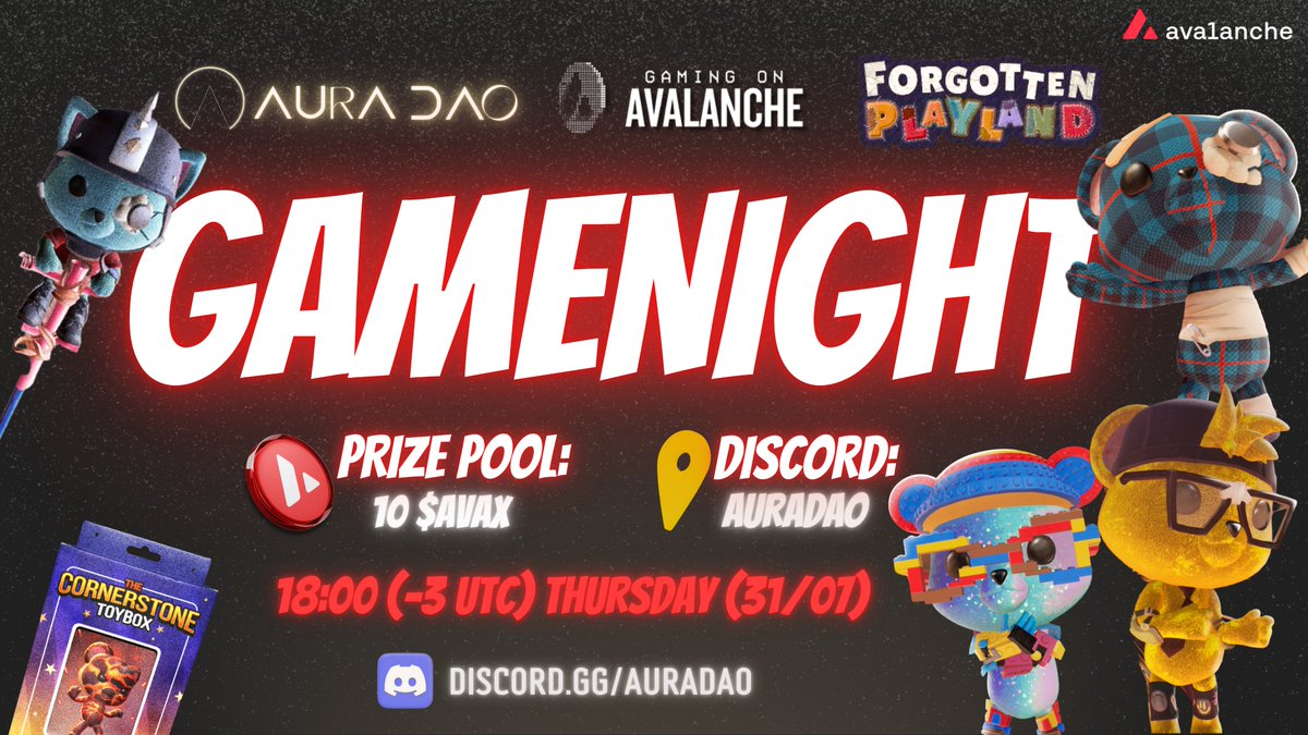Aura DAO (@aura_dao) on Twitter photo GAMENIGHT - FORGOTTEN PLAYLAND
🗓️Date: July 31 (Thursday)
🕖Time: 6:00 PM (UTC-3)
💰 Prize: 10 $AVAX
The final chaos of the month.
One last chance to rule the playland.
We’re heading back to <a href="/ForgotPlayland/">Forgotten Playland</a> for a wild AuraDAO Gamenight, and you know how it goes:
➤ Real GAMENIGHT - FORGOTTEN PLAYLAND
🗓️Date: July 31 (Thursday)
🕖Time: 6:00 PM (UTC-3)
💰 Prize: 10 $AVAX
The final chaos of the month.
One last chance to rule the playland.
We’re heading back to <a href="/ForgotPlayland/">Forgotten Playland</a> for a wild AuraDAO Gamenight, and you know how it goes:
➤ Real