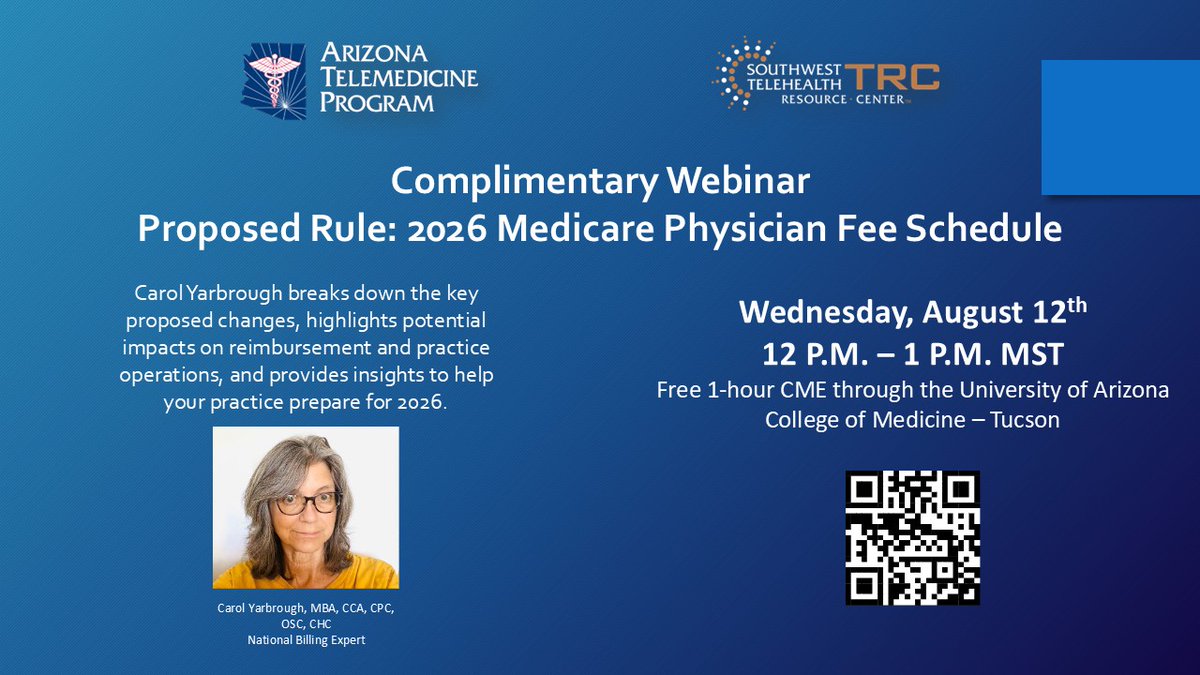 CMS released its 2026 Medicare Physician Fee Schedule Proposed Rule. Join expert Carol Yarbrough Aug 12, 12-1pm MST, for key updates &amp; impacts to your practice. Register now: telemedicine.arizona.edu/event/webinar/…
#CMS #Medicare #Telehealth