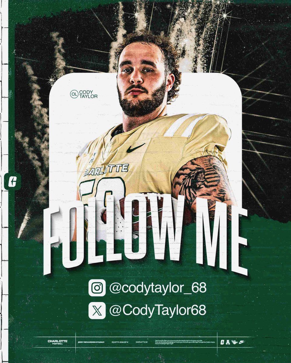 ✞ Cody Taylor ✞ (@codytaylor68) on Twitter photo What’s up Niner Nation!! Give ya boy a follow!! Let’s gooo Charlotte!! 🧱x🧱 #GoldStandard ⛏️⛏️⛏️ #TrenchGang <a href="/CoachAlbin/">Tim Albin</a> <a href="/arudolph53/">Allen Rudolph</a> <a href="/CharlotteFTBL/">Charlotte Football</a> What’s up Niner Nation!! Give ya boy a follow!! Let’s gooo Charlotte!! 🧱x🧱 #GoldStandard ⛏️⛏️⛏️ #TrenchGang <a href="/CoachAlbin/">Tim Albin</a> <a href="/arudolph53/">Allen Rudolph</a> <a href="/CharlotteFTBL/">Charlotte Football</a>
