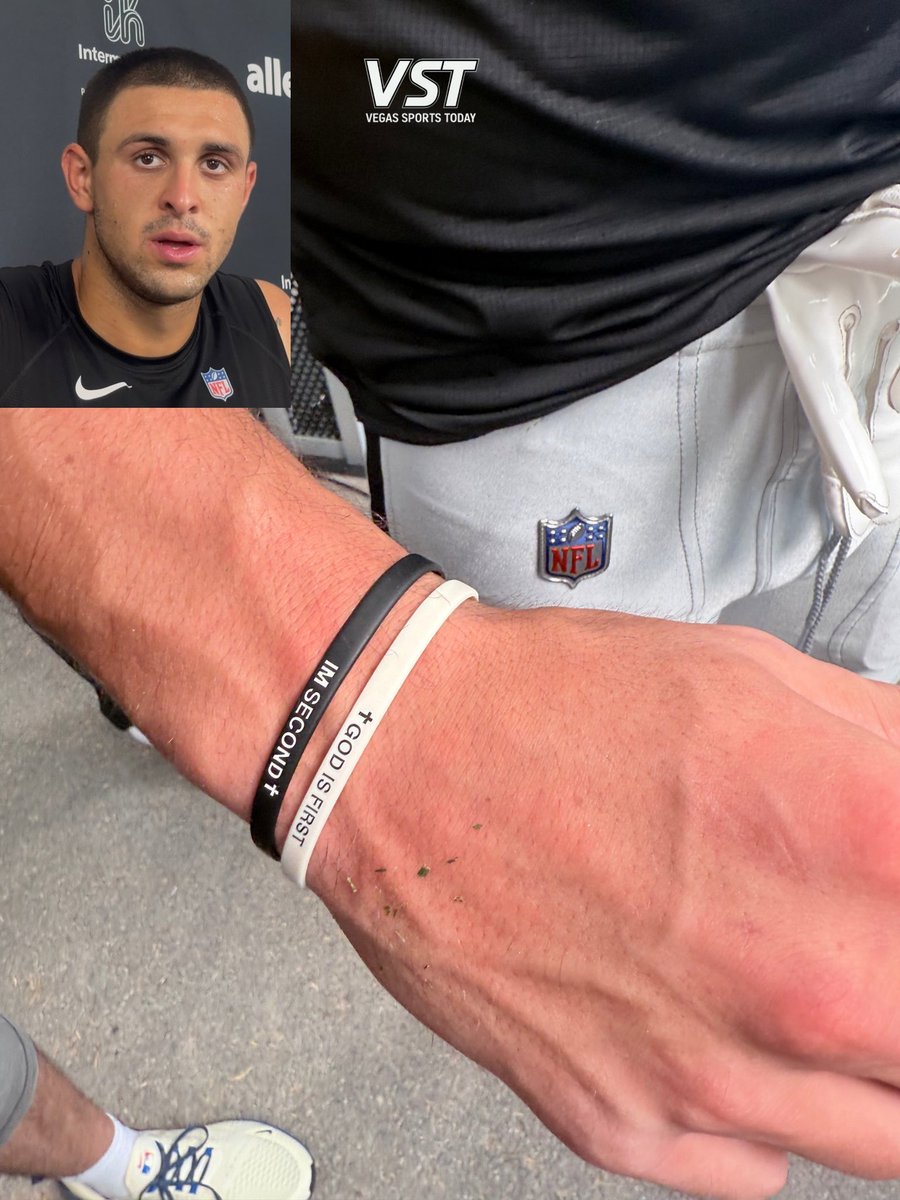 Raiders rookie WR <a href="/jackbech7/">Jack Bech</a>’s bracelet reads 'God is first. I'm second.' 

He honors God in every press conference, commits to excellence on the field, and remembers his late brother with his '7 to Heaven' tattoo, dedicating his NFL journey to his memory.

📸: <a href="/MikeDixon_VST/">Mike Dixon</a> /