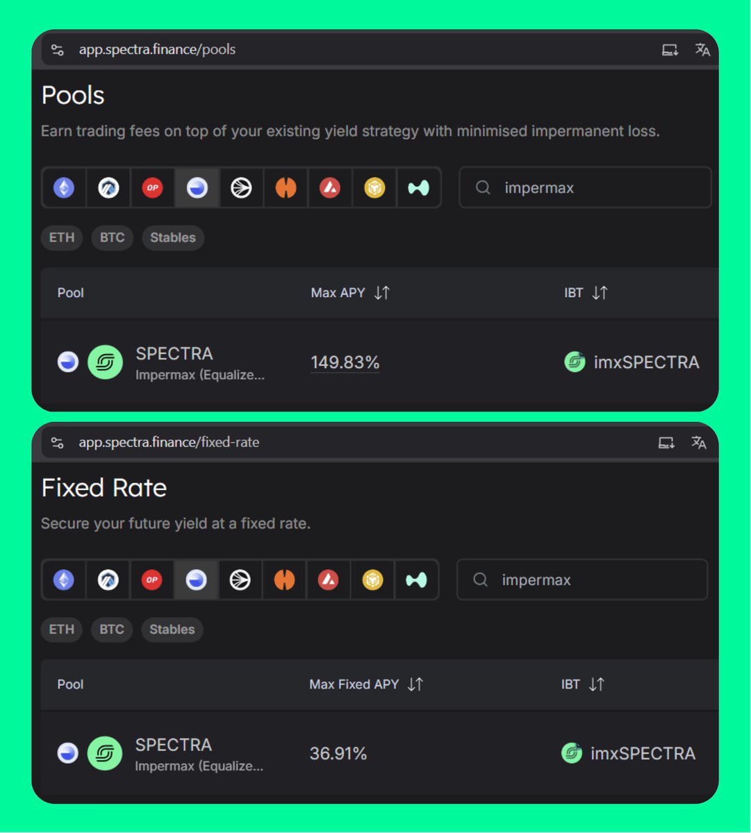 By using <a href="/ImpermaxFinance/">Impermax</a>/<a href="/ScaleOnBase/">Equalizer (SCALE)</a>, you can loop your SPECTRA/USDC LPs up to 4.76x to boost yield.

Another way to earn yield with your SPECTRA (in single exposure) is directly on <a href="/spectra_finance/">Spectra</a> :

• SPECTRA pool (Impermax/Equalizer) → LP → up to ~149% yield
• SPECTRA