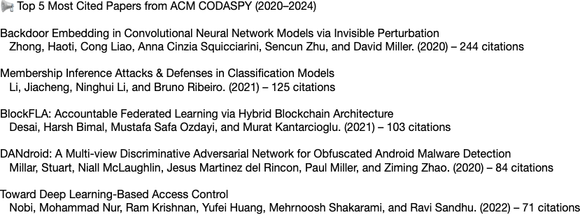 acmcodaspy's tweet image. 🚨 Top 5 most cited papers from ACM CODASPY (2020–2024) 🚨 #codaspy