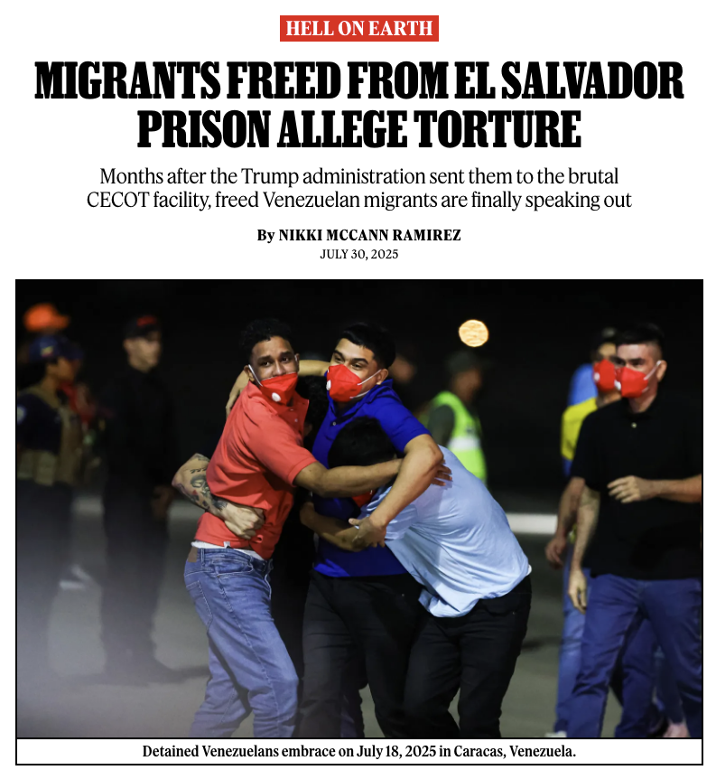 Rolling Stone (@rollingstone) on Twitter photo After spending months incarcerated in El Salvador’s notoriously brutal prison system after Trump’s administration wrongfully sent them there, recently freed migrant men are speaking out about the abuse and torture they endured in the foreign gulag.
Story: rollingstone.com/politics/polit… After spending months incarcerated in El Salvador’s notoriously brutal prison system after Trump’s administration wrongfully sent them there, recently freed migrant men are speaking out about the abuse and torture they endured in the foreign gulag.
Story: rollingstone.com/politics/polit…