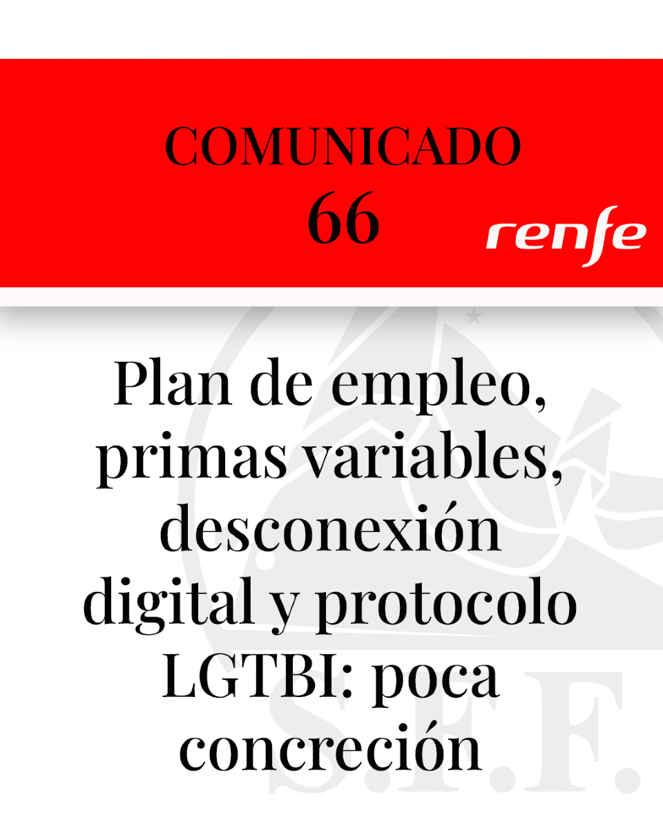 📢 Renfe no respeta nuestros derechos.
Sus protocolos LGTBI y de desconexión digital son humo. Sin medidas reales ni garantía de derechos.
Desde SFF-CGT exigimos compromisos reales, ¡no más promesas vacías! 🚩✊

👀 Lee el comunicado completo en: 
bit.ly/Comunicado66_2…