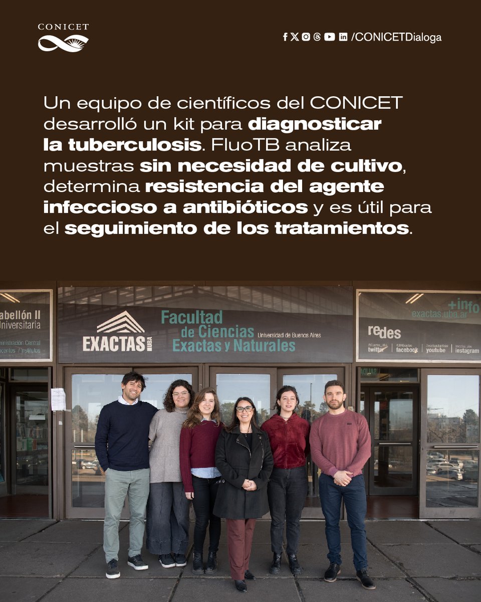 🟣Un equipo de investigación del CONICET desarrolló el kit “FluoTB”, una alternativa innovadora, rápida y accesible para diagnosticar la Tuberculosis.
👉A diferencia de los métodos convencionales, el kit analiza muestras sin necesidad de cultivo. También determina resistencia del