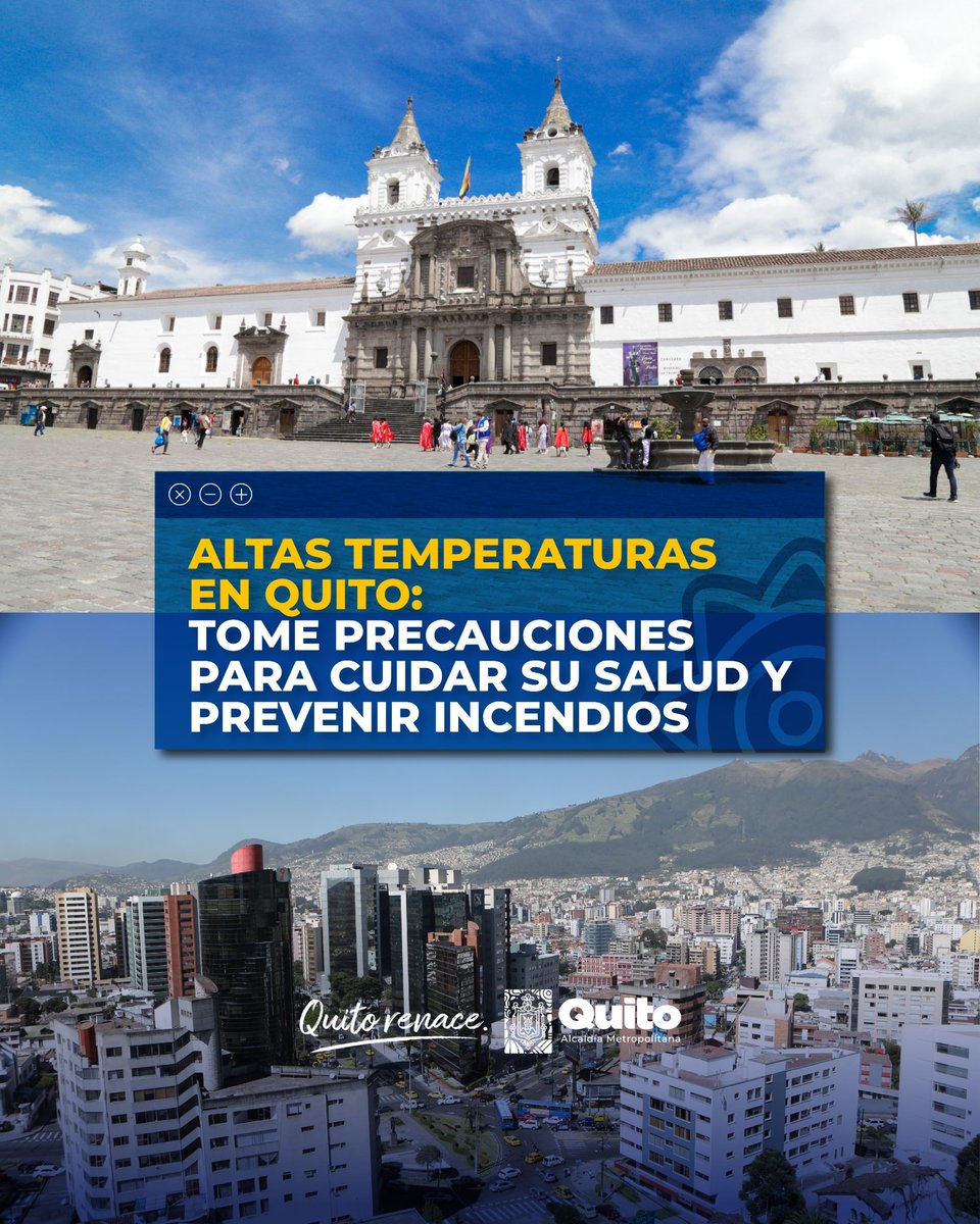 🚨 #AlertaQuito | Hasta el 2 de agosto (16h00):

🌡️ Altas temperaturas: 21°C – 27°C
🔥 Riesgo muy alto de incendios forestales
📍 Zonas: Calderón, Tumbaco, Conocoto, Guamaní y más
📞 Reporta al 911
🔗 Más info: acortar.link/YM4ArJ

#QuitoInforma
#QuitoRenace