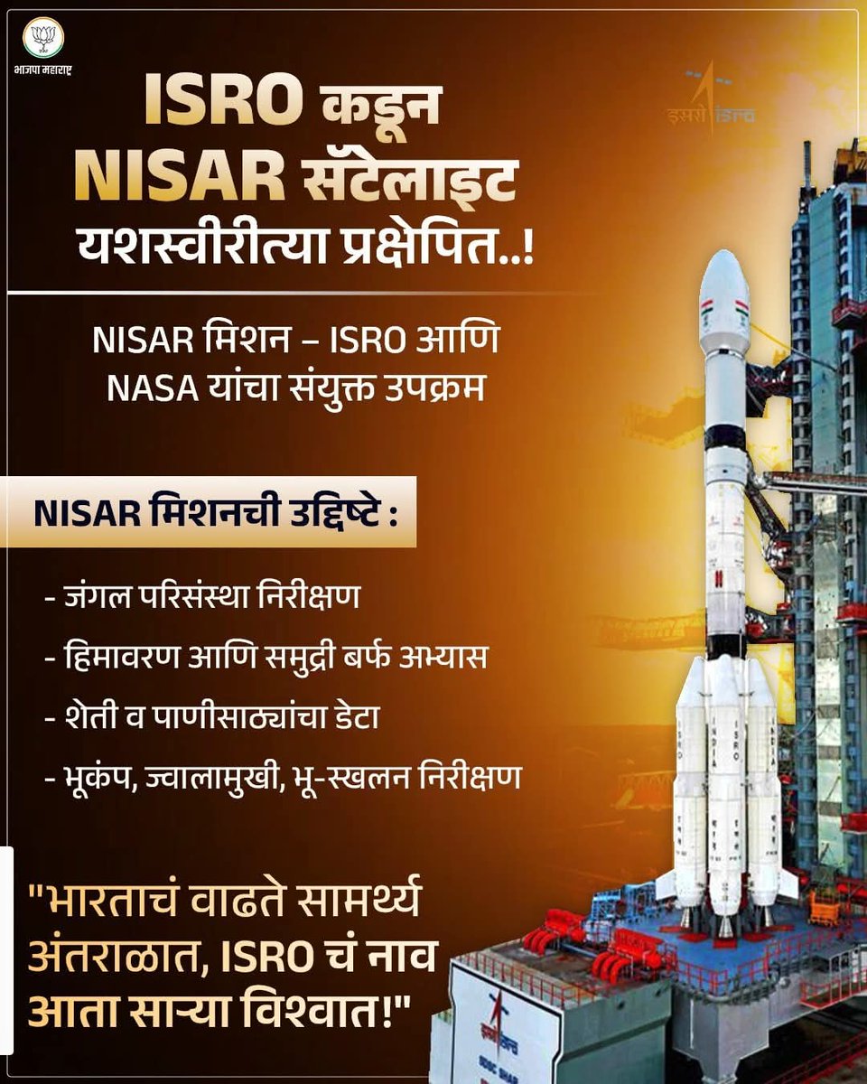 "भारताचं वाढते सामर्थ्य अंतराळात, ISROचं नाव आता साऱ्या विश्वात!"

ISRO कडून NISAR सॅटेलाइट यशस्वीरीत्या प्रक्षेपित..! 
NISAR मिशन – ISRO आणि 
NASA यांचा संयुक्त उपक्रम आहे.