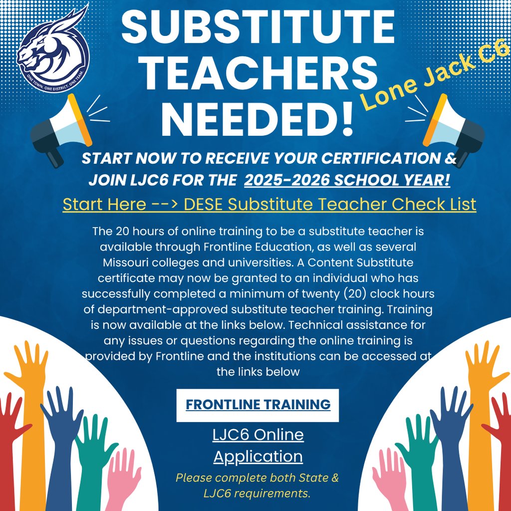 Kathy Butler (@ljc6butler) on Twitter photo LJC6 needs substitute teachers for the 2025 -2026 school year!
Want to join our team? Start by applying here!
docs.google.com/forms/d/e/1FAI…
Contact dalexander@lonejackc6.net with any questions. LJC6 needs substitute teachers for the 2025 -2026 school year!
Want to join our team? Start by applying here!
docs.google.com/forms/d/e/1FAI…
Contact dalexander@lonejackc6.net with any questions.