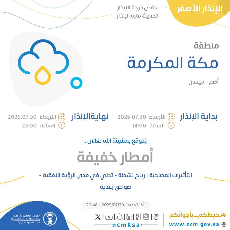 الإنذار الأصفر - #منطقة_مكة_المكرمة - #أضم #ميسان  

للتفاصيل  ncm.gov.sa/ar/alert/pages… 

#الإنذار_المبكر #طقس_السعودية
#المركز_الوطني_للأرصاد