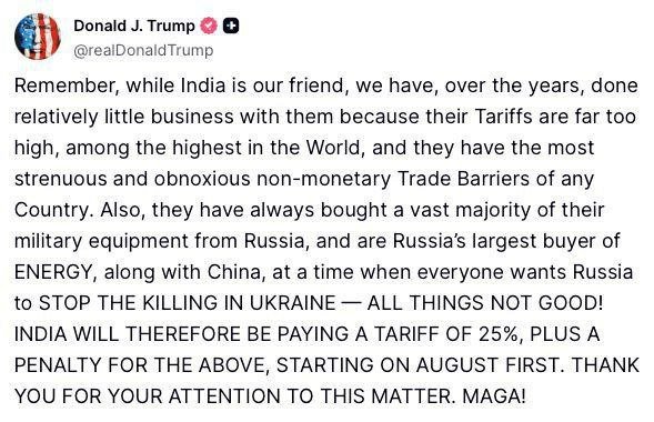 I don't think that Trump's imposition of 25% Tariff will make any difference to India, rather America itself will get into trouble, China, Russia and Israel anyway don't listen to Donald Trump, now Modi is also ignoring him