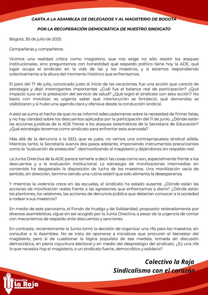 RedLaRoja1's tweet photo. Compartimos este comunicado público con toda la comunidad del magisterio Bogotano y Colombiano. https://t.co/SAYDIjnbTj