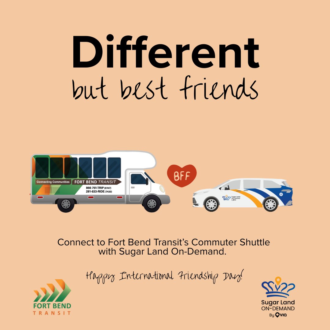 Rollin' with the bestie!💚🚌💙
Happy International Friendship Day! 

You can now take Sugar Land On-Demand to FBT's Commuter Shuttle. To learn more about ⤵️

Sugar Land On-Demand city.ridewithvia.com/sugar-land

FBT Commuter Services fortbendcountytx.gov/government/dep…