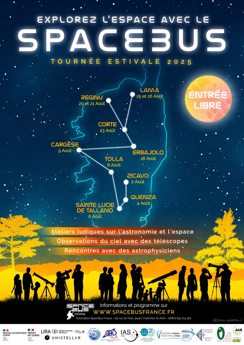 🚀 Le SpaceBus France reprend la route pour sa 7ᵉ édition, cap sur la #Corse du 2 au 26 août 2025 !
Au programme : animations sur le thème de l'#espace et l'#astronomie l’après-midi et observation des #étoiles en soirée 🌌spacebusfrance.fr