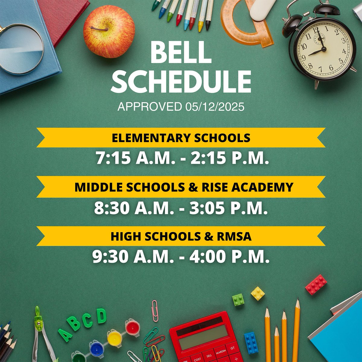 The first day of school for 2025–26 is Wed, Aug 6th. We can't wait to welcome our students back!
Bell Schedule:
- Elem: 7:15 am-2:15pm
- Middle &amp; RISE: 8:30am-3:05pm
- High &amp; RMSA: 9:30am-4pm
- Adult Ed: M-F 8:30-11:30am, Office Hours: 1-3pm, 
   T/TH: 4:30 - 7:30 pm
#TeamDDTwo