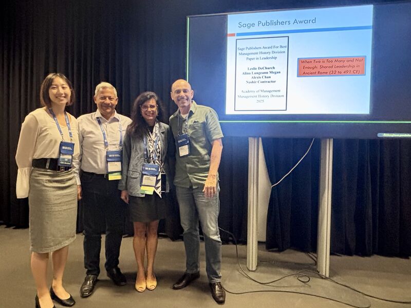 Proud to celebrate that paper, “When Two is Too Many and Not Enough: Shared Leadership in Ancient Rome (32 to 491 CE)”, by Leslie DeChurch, Alina Lungeanu, Megan Chan, Noshir Contractor, received the Sage Publishers Award for Best Management History Division Paper in Leadership.