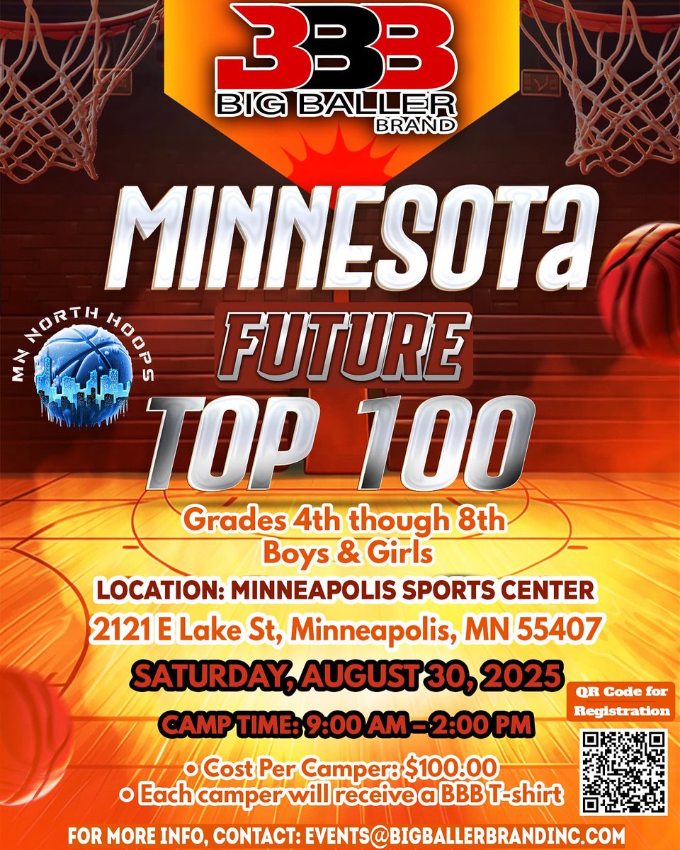 🚨 The FUTURE is HERE.
MN North Hoops presents: Big Baller Brand Future Top 100 – August 30th

Searching for Top 100 level middle schoolers (boys &amp; girls) across MN.

Rankings. Exposure. Real Competition.

DM us to get on the radar 📩
#Future100 #MNNorthHoops #NextUp