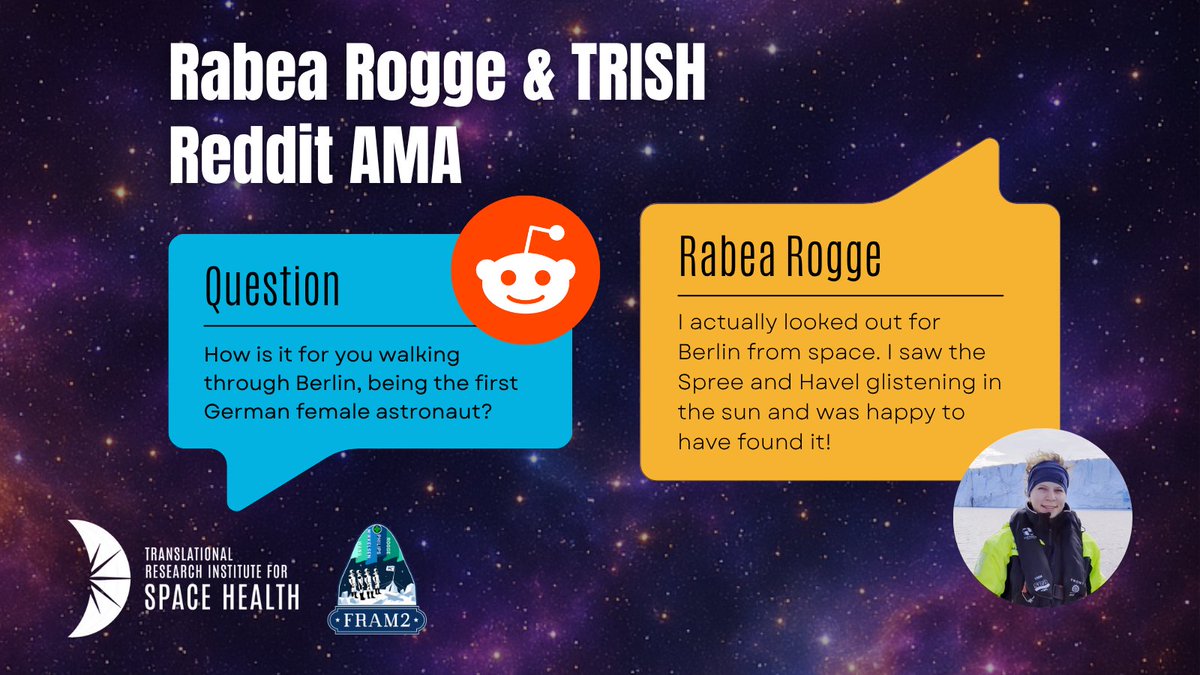 Translational Research Institute for Space Health (@bcmspacehealth) on Twitter photo Ever wonder if an astronaut can see anything from space? <a href="/rprogge/">Rabea Rogge</a> shares what she saw in our Reddit AMA!
Check out the the full AMA here! reddit.com/r/IAmA/comment… Ever wonder if an astronaut can see anything from space? <a href="/rprogge/">Rabea Rogge</a> shares what she saw in our Reddit AMA!
Check out the the full AMA here! reddit.com/r/IAmA/comment…
