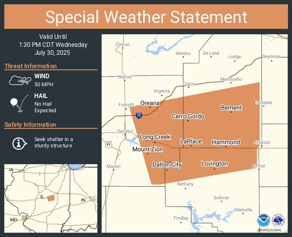 A special weather statement has been issued for Mount Zion IL, Bement IL and  Cerro Gordo IL until 1:30 PM CDT