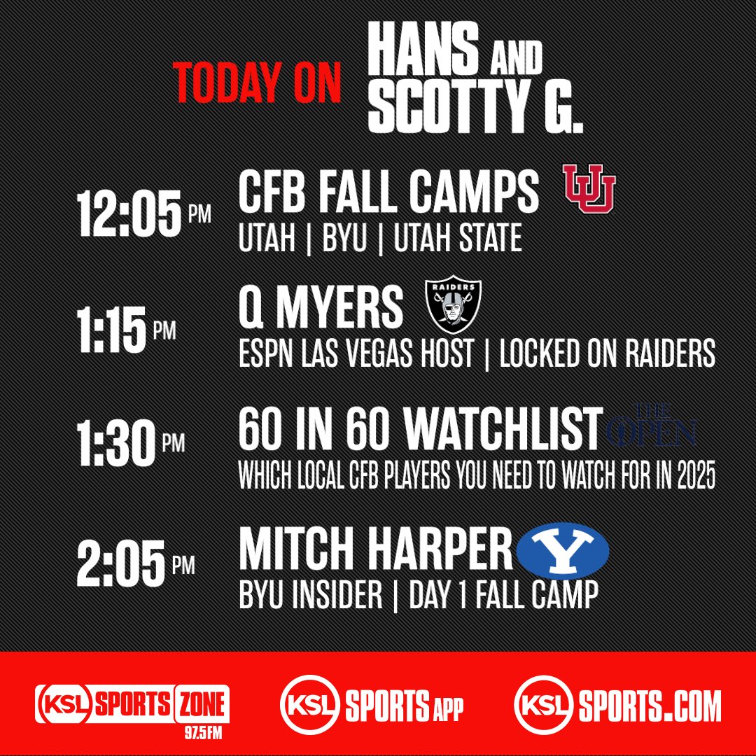 Lloyd Cole (@lloydcolezone) on Twitter photo Busy Wednesday on Hans & Scotty:
- Fall camp #BYU #Utah #USU
- NFL camp
- #60in60 Watchlist
- <a href="/YourboyQ254/">Your Boy Q</a>
- <a href="/Mitch_Harper/">Mitch Harper</a>
🗣️ <a href="/975Hans/">Hans Olsen</a> <a href="/ScottyGZone/">Scott Garrard</a>
📱 <a href="/kslsports/">KSL Sports</a> app
🎧 KSLsports.com/stream
🖥️ YouTube.com/@ksl5sports Busy Wednesday on Hans & Scotty:
- Fall camp #BYU #Utah #USU
- NFL camp
- #60in60 Watchlist
- <a href="/YourboyQ254/">Your Boy Q</a>
- <a href="/Mitch_Harper/">Mitch Harper</a>
🗣️ <a href="/975Hans/">Hans Olsen</a> <a href="/ScottyGZone/">Scott Garrard</a>
📱 <a href="/kslsports/">KSL Sports</a> app
🎧 KSLsports.com/stream
🖥️ YouTube.com/@ksl5sports