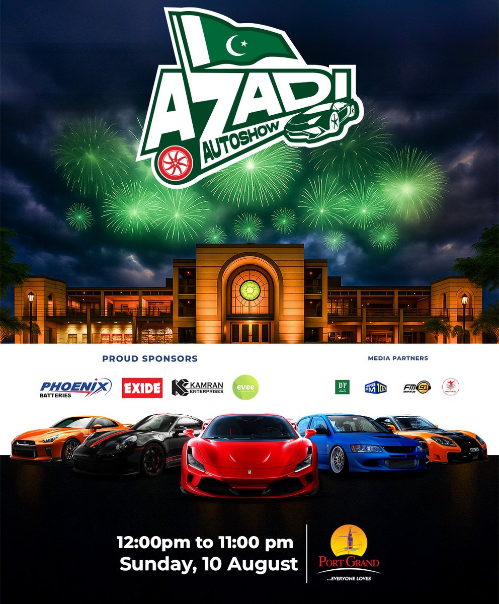 PakWheels's tweet image. The Azadi Autoshow is coming to Port Grand, Karachi on 10th August! 

Get ready to experience the Horsepower, Heritage and Heart from 12pm to 11pm 
#PakWheels #Autoshow
