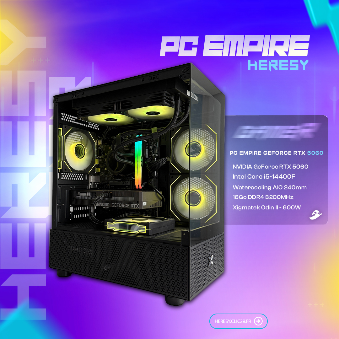 La porte d’entrée idéale dans l’univers du gaming?    

Plongez dans l'univers du PC Empire, équipé d'une carte graphique NVIDIA GeForce RTX 5060, d'un processeur
Intel Core i5-14400F. Conçu pour offrir des performances exceptionnelles, ce système vous permet de repousser les