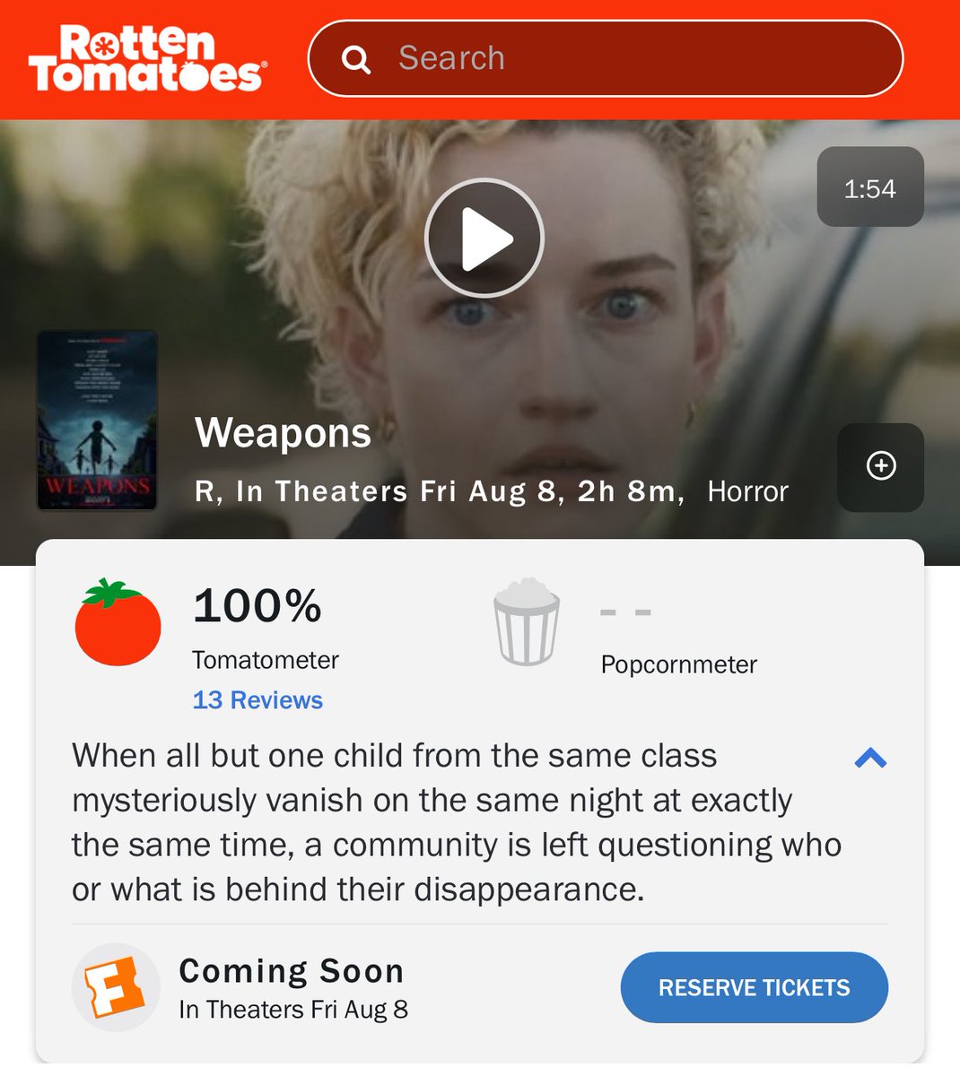 WEAPONS opens with a 100% <a href="/RottenTomatoes/">Rotten Tomatoes</a>.

One of the most anticipated horror films of year is set to open on August 8th.